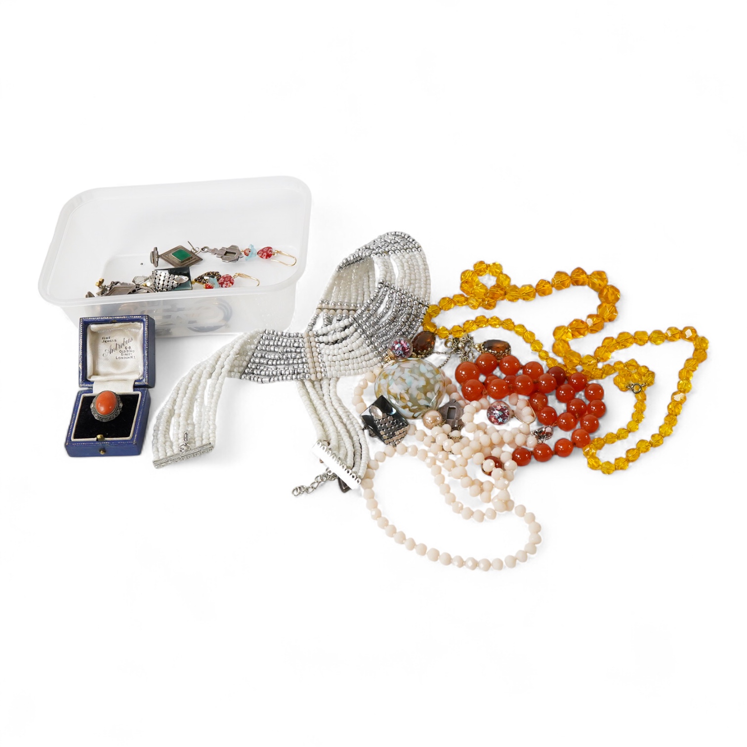 A collection of costume jewellery, including a pair of 9ct gold and garnet cluster set earrings, pair of yellow metal hoop earrings, graduated agate bead necklace, etc.